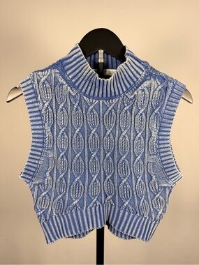 Zara Two-Tone Blue & White Cable Knit Sleeveless Turtleneck